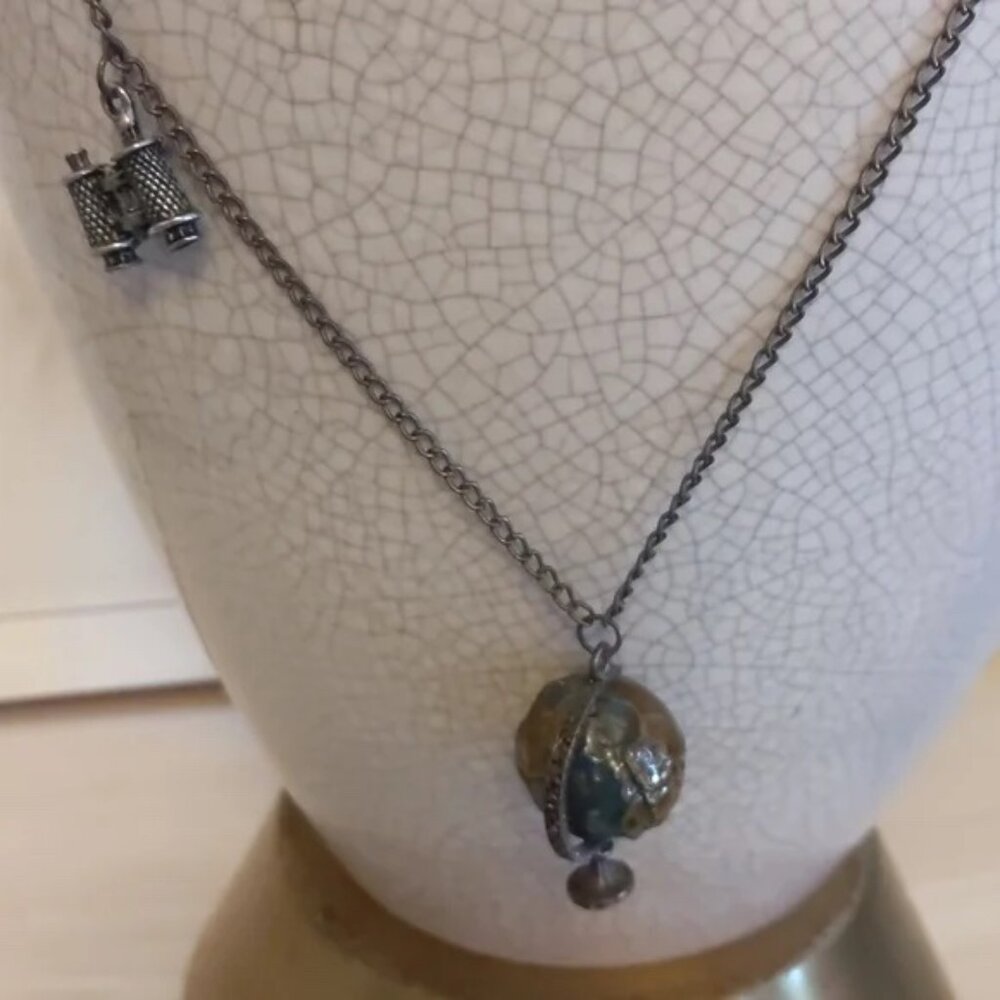Unique VIntage Globe and Binoculars charm necklace